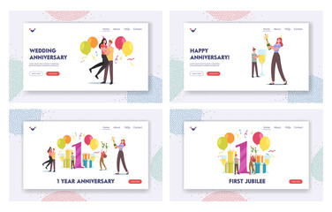 One Year Anniversary Landing Page Template Set. Loving Couple Characters Celebrate Party. Man and Woman Celebration