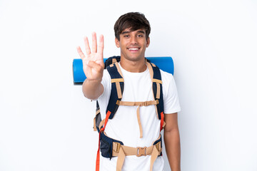Young mountaineer woman with a big backpack over isolated white background happy and counting four with fingers