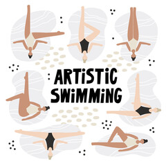 Synchronized swimming. A set with different positions. Isolated flat vector illustration with women, swimmers. Artistic swimming concept. Colorful background.