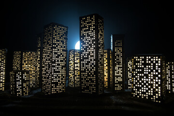 Cartoon style city buildings. Realistic city building miniatures with lights. background.