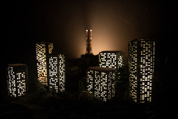 Creative artwork decoration. Chernobyl nuclear power plant at night. Layout of abandoned Chernobyl...