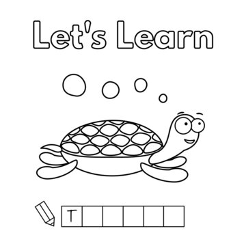 Cartoon sea turtle learning game for small children - color and write the word. Vector coloring book pages for kids