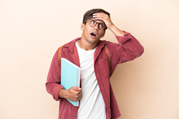 Young student caucasian man isolated on ocher background doing surprise gesture while looking to the side