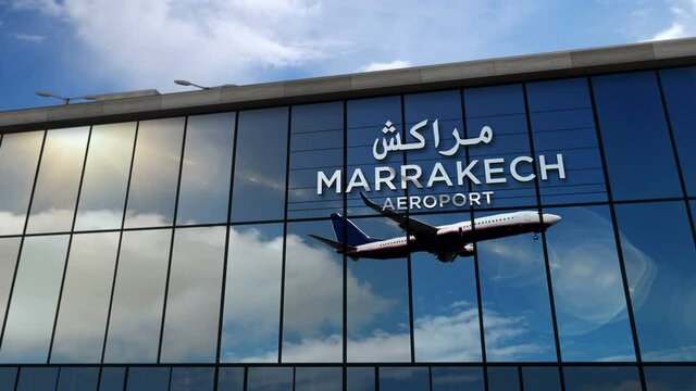 Aircraft landing at Marrakesh, Marrakech, Morocco 3D rendering animation. Arrival in the city with glass airport terminal and reflection of plane. Travel, business, tourism and transport concept.