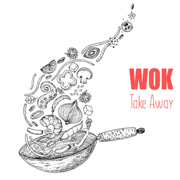 Wok pan and ingredients for wok sketch. Hand drawn vector illustration. Asian food. Noodles, meat, pepper, shrimp and other ingredients. Asian cuisine.
