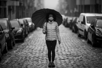Multicultural woman in antiviral mask stands in the street in cloudy weather. Black and white photo.