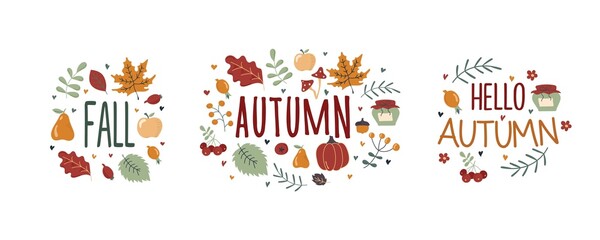 Collection of colored beautiful autumn stickers pack. Autumn hand drawn lettering vector set. Cozy design elements decorative bundle. All objects are separated. Hand drawn. Vector illustration.