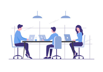 Office people teamwork concept. Communication and brainstorming. Colored flat vector illustration. Isolated on white background.