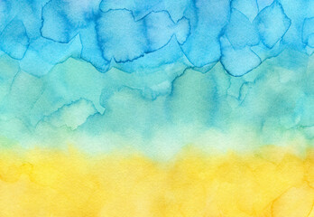 Hand drawn watercolour background with stripes, artistic washes and brush strokes of bright yellow, greenish-blue and blue colors. Beautiful artwork for creative design, modern poster, banner, print.