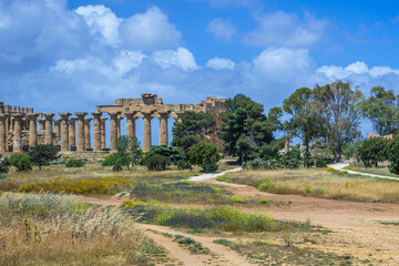 Distance view of Hera Temple in Selinunte ancient city on Sicily Island, Italy