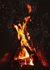 Fototapeta na wymiar A fire with sparks burns in the fireplace