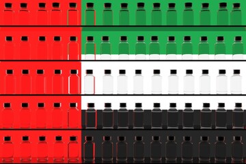 Medical vaccine vials and flag of the UAE, vaccination related conceptual 3D rendering