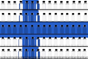 Medical vaccine vials and flag of Finland, vaccination related conceptual 3D rendering