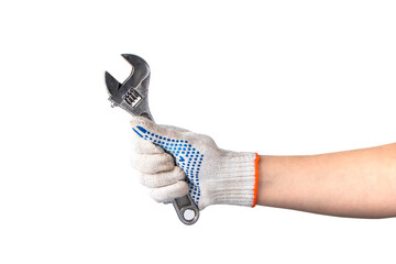 Man in white work gloves holds wrench. Happy labor day. Hand repair tool isolated on white background.