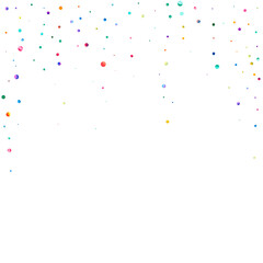 Watercolor confetti on white background. Actual rainbow colored dots. Happy celebration square colorful bright card. Immaculate hand painted confetti.