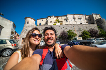 happy tourist visiting Molise region, Fornelli town, view of this ancient town in Isernia Province
