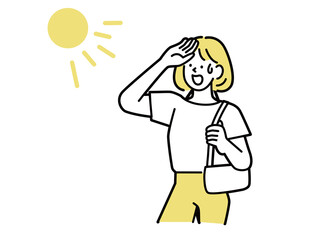 汗をかく女性のイラスト(夏、熱中症、水を飲む、休憩、水分補給、健康、予防、清涼) Illustration of a woman sweating.Summer, heat stroke, drinking water, resting, hydration, health, prevention, refreshing.