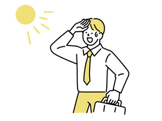汗をかく男性のイラスト(夏、熱中症、水を飲む、休憩、水分補給、健康、予防、清涼) Illustration of a man sweating.Summer, heat stroke, drinking water, resting, hydration, health, prevention, refreshing.