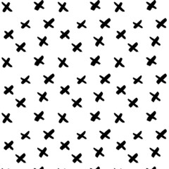 Fototapeta premium Vector pattern of their black crosses on a white background. Calligraphic style. Brush strokes. Doodle. Hand drawing. Minimalism. Line art