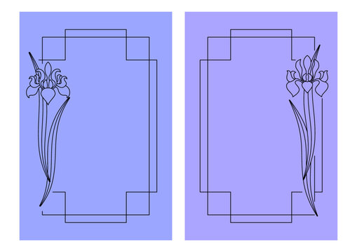 Irys. Szablony ramek z motywem roślinnym. Wz&oacute;r do wykorzystania jako zaproszenie ślubne, projekt urodzinowej kartki z życzeniami, tło do social media. Ilustracja wektorowa.