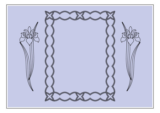 Wzór dyplomu lub certyfikatu - elegancka ramka z irysami, z botanicznym ornamentem. Szablon z pustym miejscem na tekst. Ilustracja wektorowa.