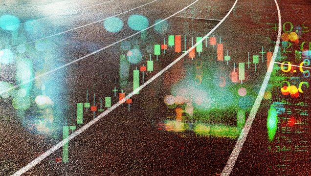 competition running track with blue city street light and index number and graph of stock market business abstract background