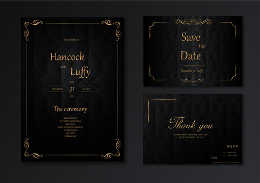   Elegant wedding invitation card template design luxury dark background with black and gold