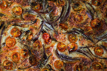 vegan homemade focaccia bread with cherry tomatoes and onions freshly cooked just out of the oven, healthy plant-based food