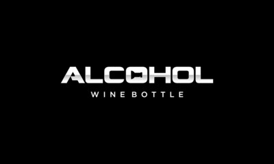 Fototapeta na wymiar Alcohol Text Typography Wordmark with Wine Bottle Negative Space Logo Design Inspiration
