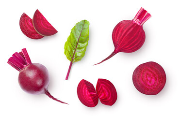 Whole and sliced common beet isolated on white background. Top view. - obrazy, fototapety, plakaty