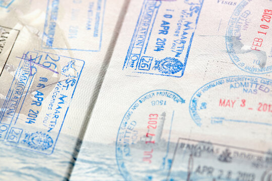 Close-up of stamps in passport