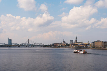 Fototapeta na wymiar View over Daugava rive and Riga city, the capital of Latvia, European famous baltic country