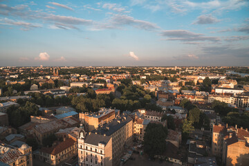 Sunset panoramic aerial view over Riga city, the capital of Latvia, European famous baltic country