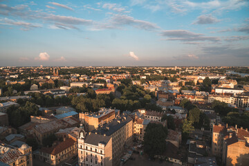 Obraz premium Sunset panoramic aerial view over Riga city, the capital of Latvia, European famous baltic country