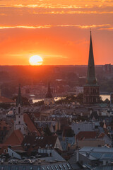 Sunset dramatic view over Riga city, the capital of Latvia, European baltic country