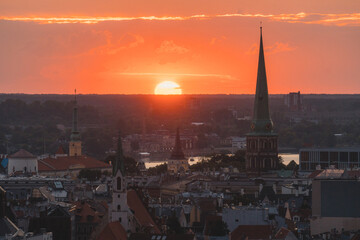 Sunset panoramic aerial view over Riga city, the capital of Latvia, European baltic country