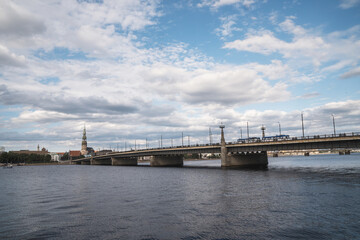 View of the Stone Bridge in Riga, famous capital city of Latvia, European baltic country