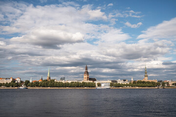 Fototapeta na wymiar View over Daugava river and Riga city, the capital of Latvia, European famous baltic country