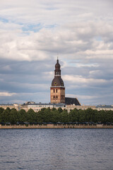 Fototapeta premium View of the Daugava river and the Riga Cathedral Dome. Riga is the capital city of Latvia, famous European baltic country