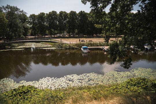 Parnu, Estonia / July 30, 2021: Boats in Valli park in Parnu, beautiful colorful estonian city by the Baltic sea, Europe