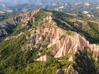 Aerial sunset view of Rozhen sand pyramids, Bulgaria