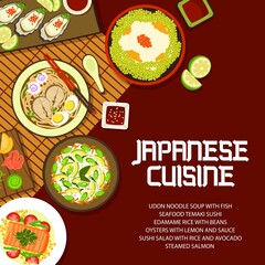 Japanese food cuisine, Asian menu cover, vector Japan oden bowl meals with rice, ramen and udon noodles. Japanese cuisine dinner and lunch, sushi and seafood temaki rolls with steamed salmon