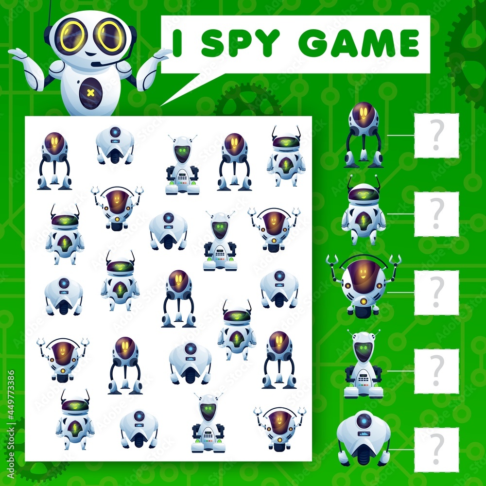 Poster i spy riddle game, cartoon robots kids vector task, education puzzle with ai cyborgs. how many andro