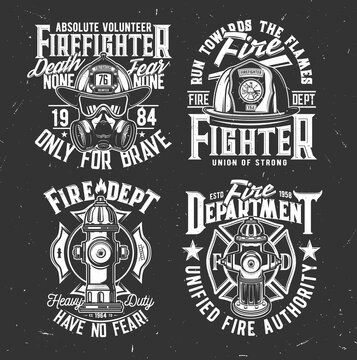Fireman helmet and gasmask, water hydrant t-shirt retro prints. Fire department, emergency service volunteer apparel custom print with firefighter helmet, breathing apparatus and vintage typography