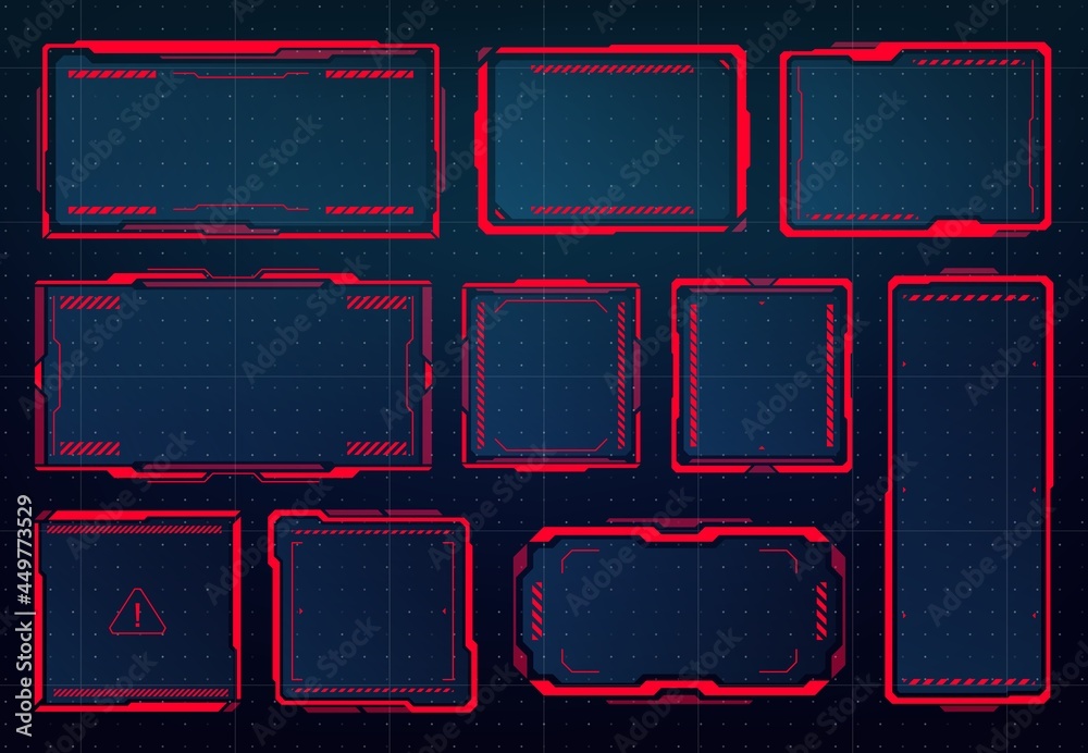 Leinwandbilder HUD danger, warning and alert attention red frames or signs, vector. HUD interface display screen with warning or high risk alert or access denied and caution error hologram frames, game dashboard
