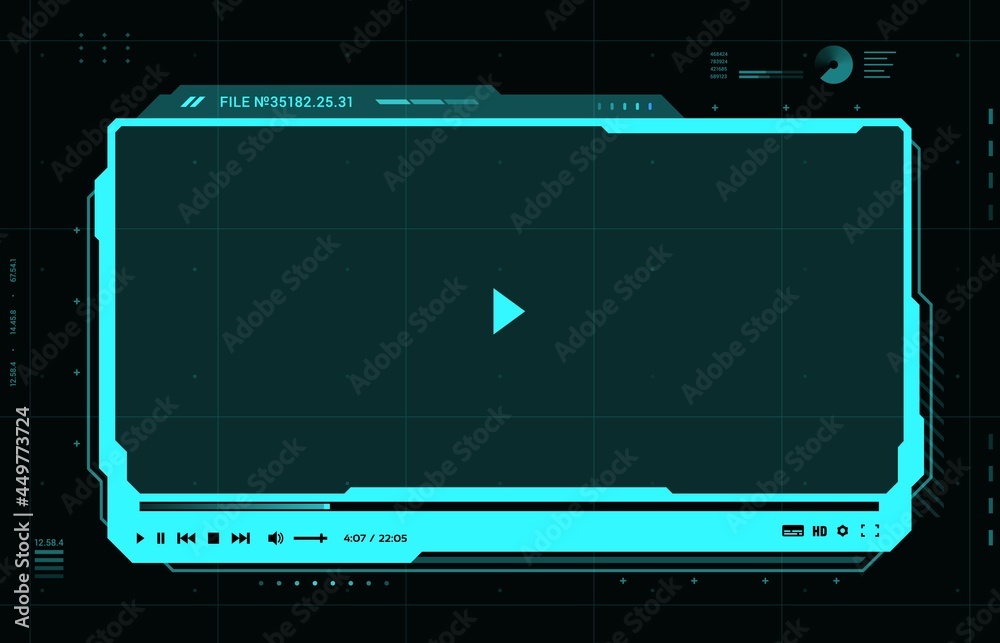 Poster HUD futuristic video media player interface. Vector digital Ui screen, ux hi-tech skin web design for online movie content playing. Ski-fi template with play button, menu bar and slider, neon frame