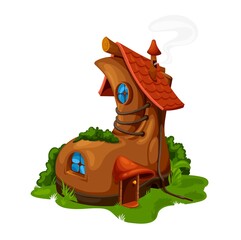 Cartoon fairytale boot house, vector fairy, dwarf or gnome home. Dwelling in old shoe with wood door, windows, untied shoelaces and tiled roof. Cute cartoon fantasy building on green field with grass
