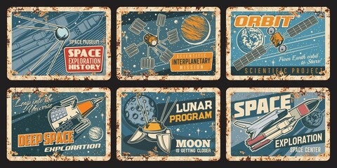 Fototapeta Spaceships and satellites rusty plates. Outer space exploration vector vintage metal signs. Galaxy research, Lunar program scientific interplanetary mission. Shuttle in universe retro rust tin plaques obraz