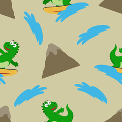 Fototapeta premium Surfing time with cute little dinosaurs at summer. Seamless pattern texture for fabric textile, nursery, baby clothes, background, textile, wrapping paper and other decoration.