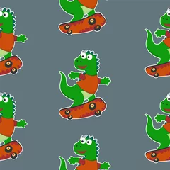 Fotobehang seamless pattern with cute dinosaurs on  skate board, For fabric textile, nursery, baby clothes, background, textile, wrapping paper and other decoration. © Hijaznahwani